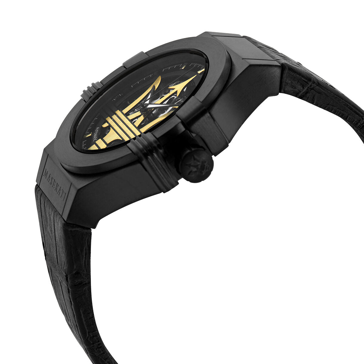 Maserati Potenza watch angled view showing black case, black strap, and dial with skeleton movement