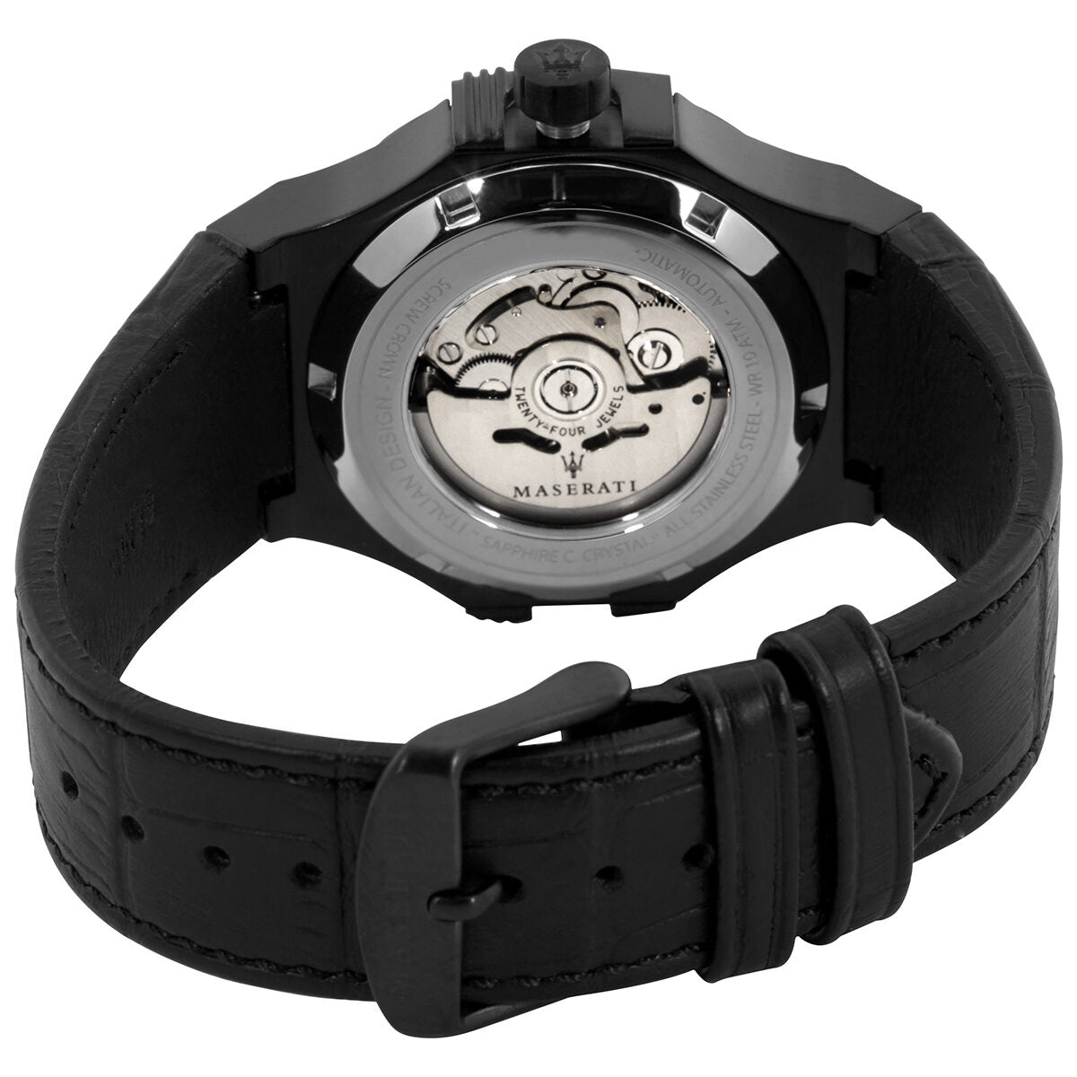 Maserati Potenza watch caseback showing automatic movement visible through transparent back