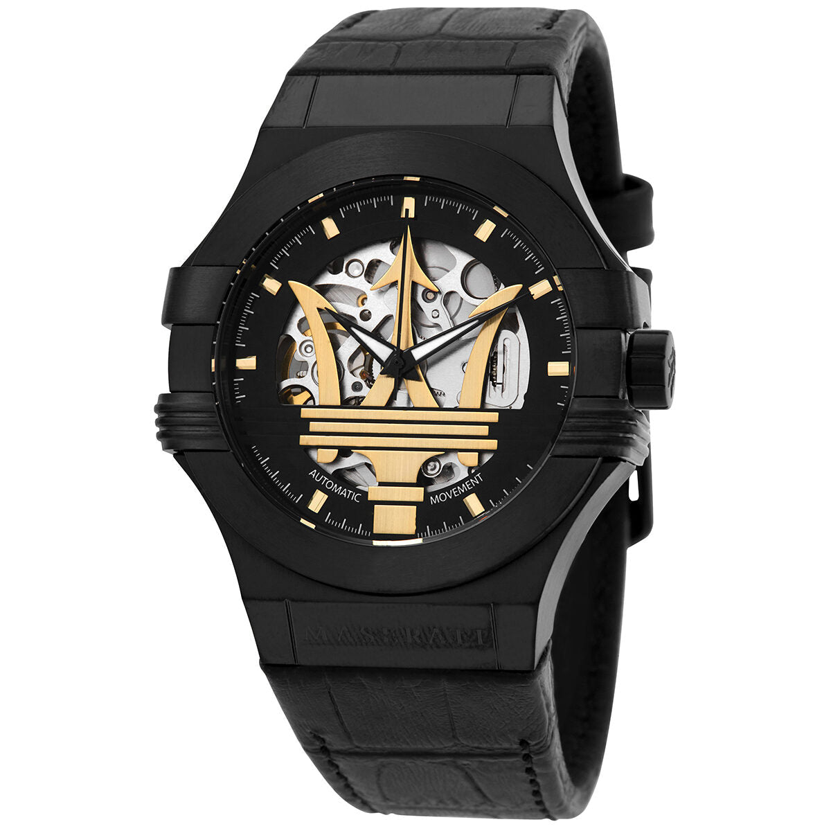 Maserati Potenza automatic watch with black dial and open heart skeleton design showing gold-tone movement