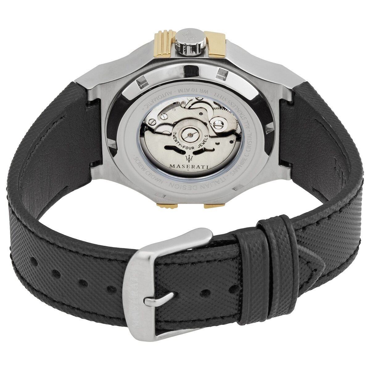 Caseback view of Maserati Potenza automatic movement visible through transparent exhibition display