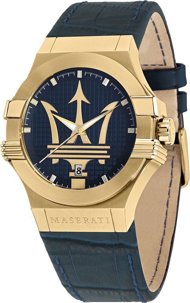Maserati Potenza watch with gold-tone case, blue dial with Trident logo, and blue leather strap