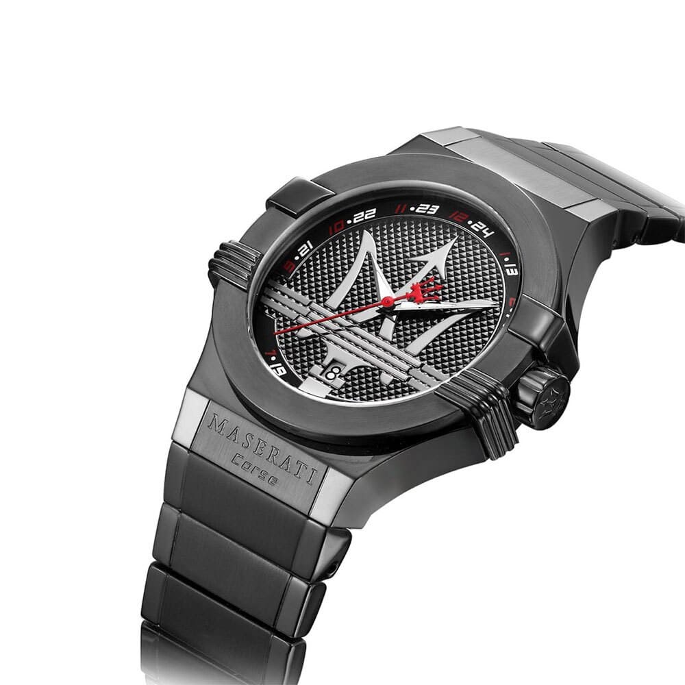 Maserati Potenza watch angled view showing black dial with racing design and steel bracelet