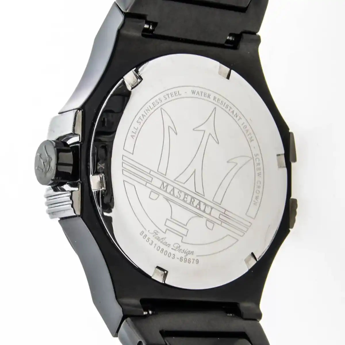 Maserati Potenza watch caseback showing stainless steel and water resistant engraving