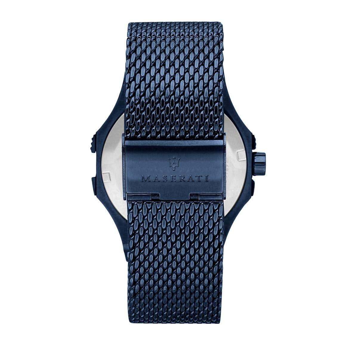 Blue case back with Maserati branding and mesh strap attachment