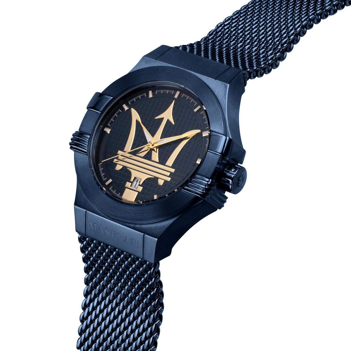 Maserati Potenza watch worn on wrist showing blue case and mesh band