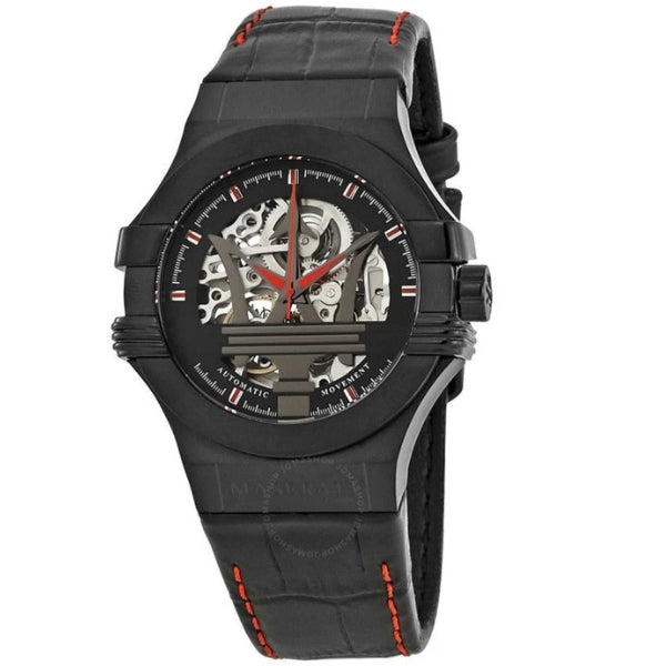 Maserati R8821108008 automatic skeleton watch with black dial and red accent hands