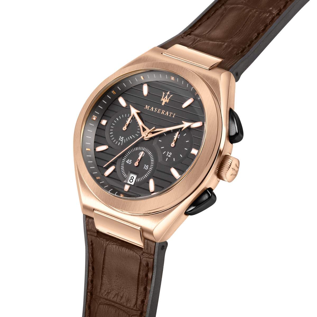 Maserati chronograph watch angled view showing rose gold case and dark leather strap