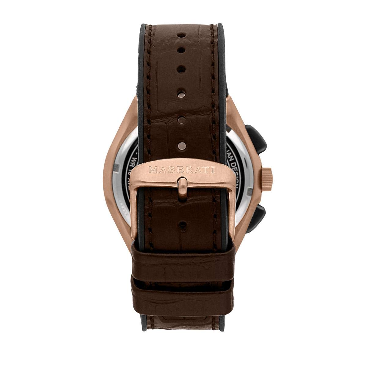 Maserati chronograph watch caseback view showing brown leather strap and rose gold case