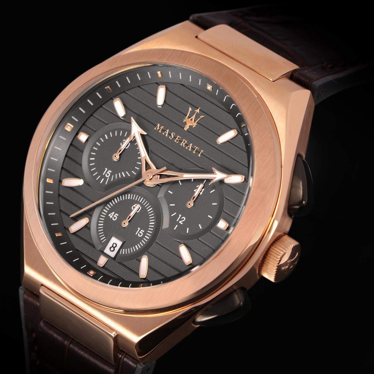 Maserati chronograph dial detail with grey face, rose gold case, and chronograph subdials