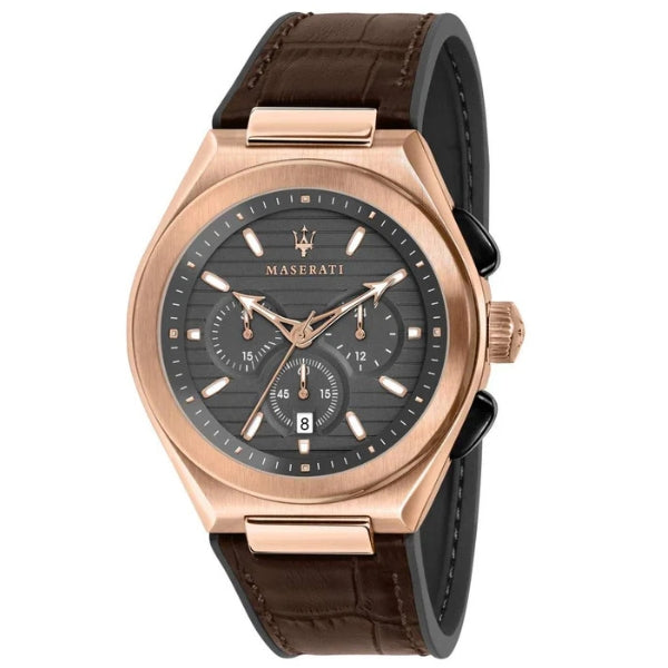 Maserati chronograph watch with rose gold case, grey dial, and brown leather strap