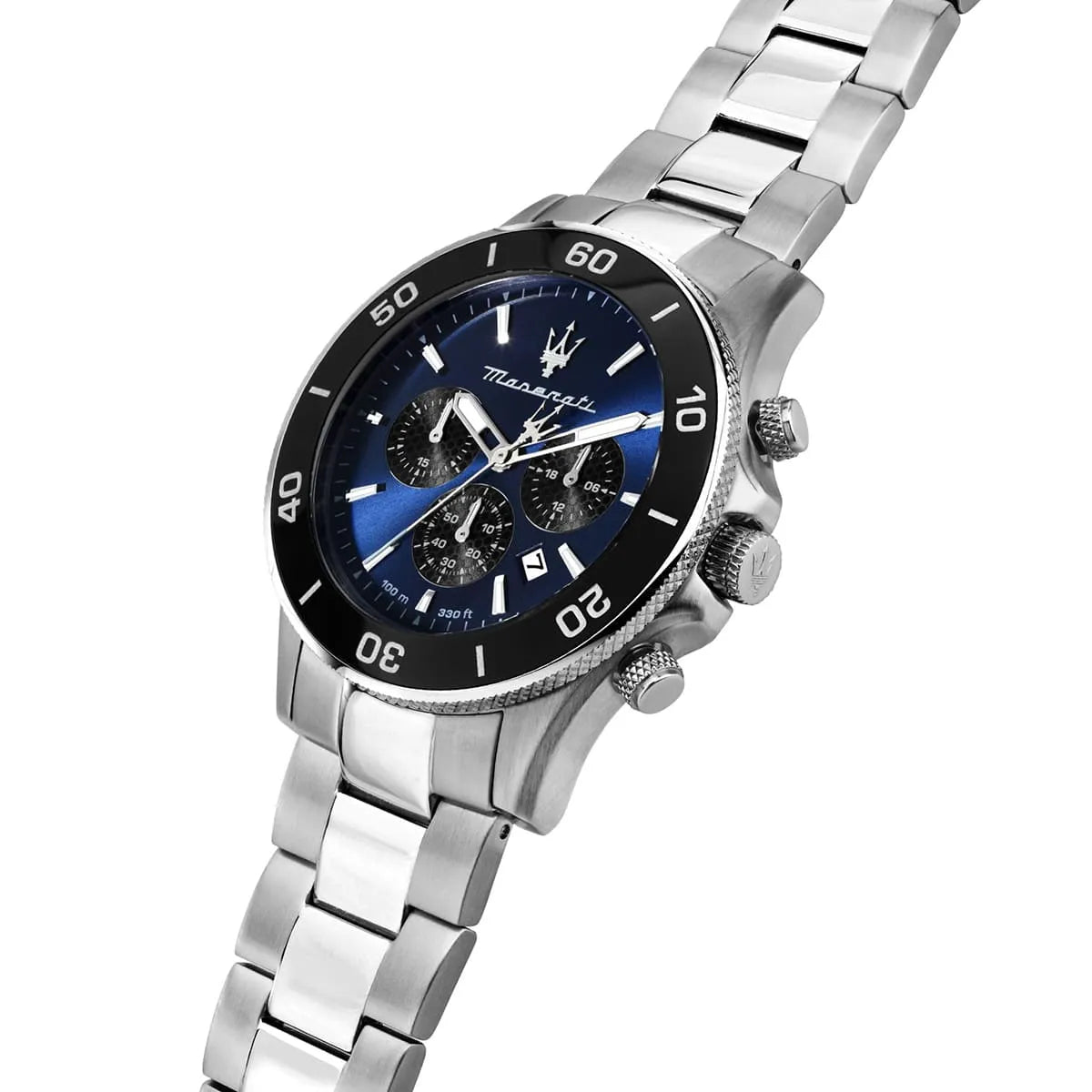 Maserati Competizione chronograph watch at angle showing stainless steel bracelet and case