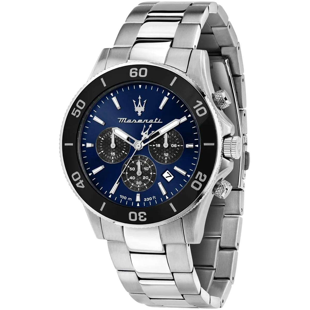 Maserati Competizione men's chronograph watch, blue dial, black bezel, silver metal strap