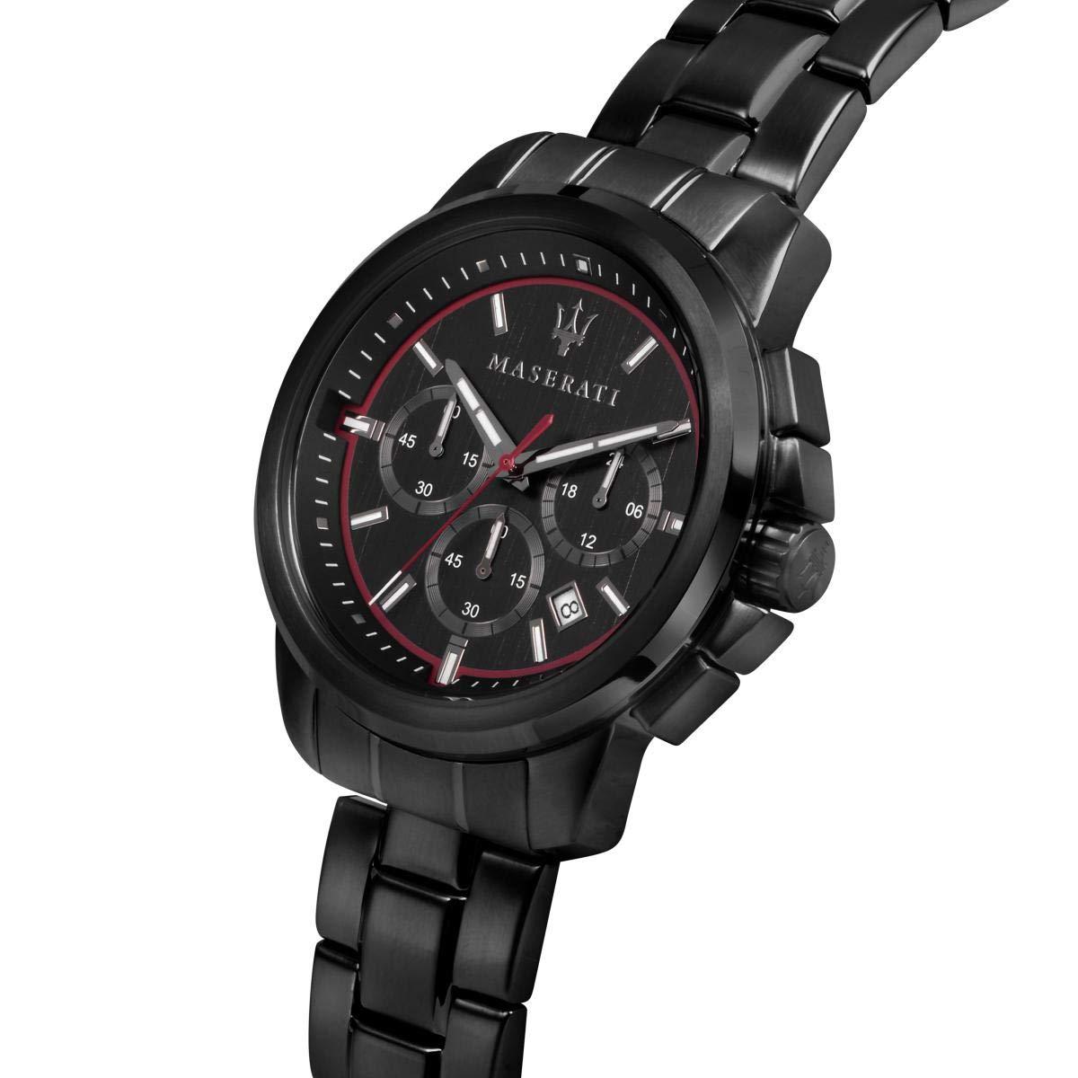 Angled view of Maserati chronograph with black dial and red-accented subdials