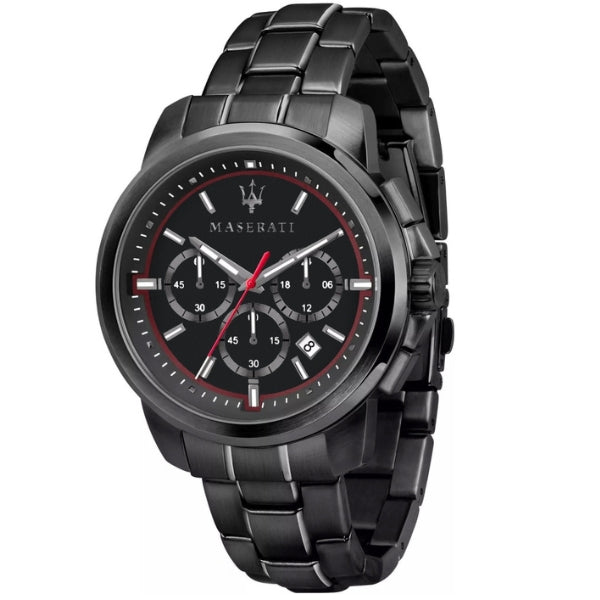 Maserati black dial chronograph watch with red accents and stainless steel bracelet