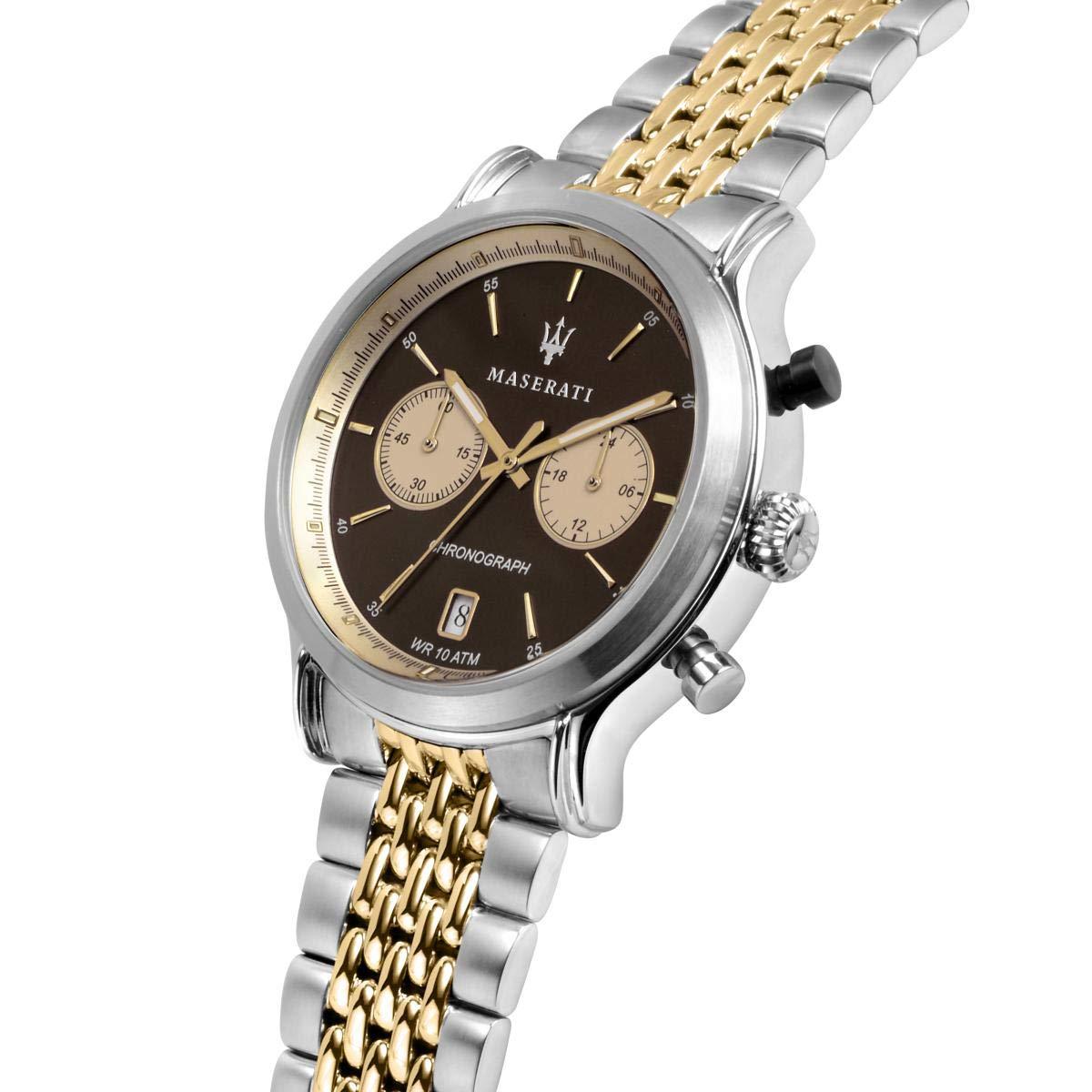 Angled view of Maserati chronograph with brown dial and two-tone bracelet