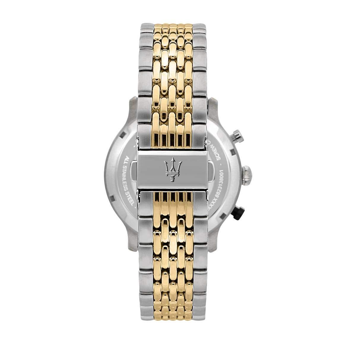 Caseback view of Maserati watch displaying steel and gold two-tone bracelet