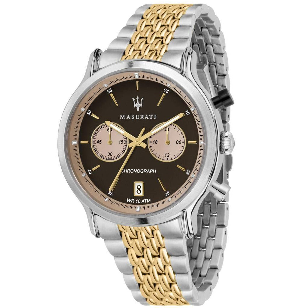 Maserati men's chronograph watch with brown dial, gold and silver two-tone bracelet