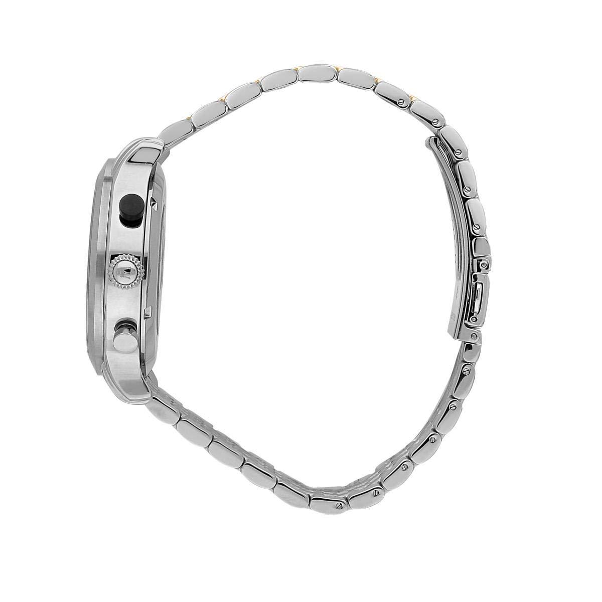 Side view of Maserati chronograph watch showing silver metal bracelet and case profile