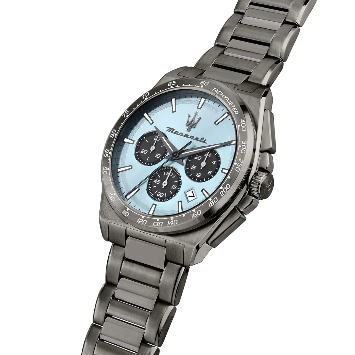 Maserati Velocità chronograph watch shown at angle with metal bracelet