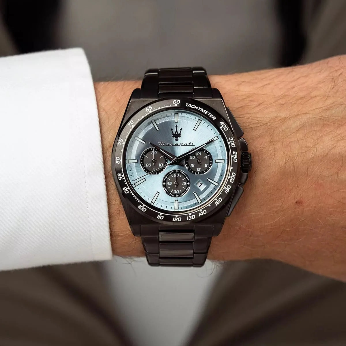 Maserati Velocità chronograph on wrist showing light blue dial and chronograph subdials