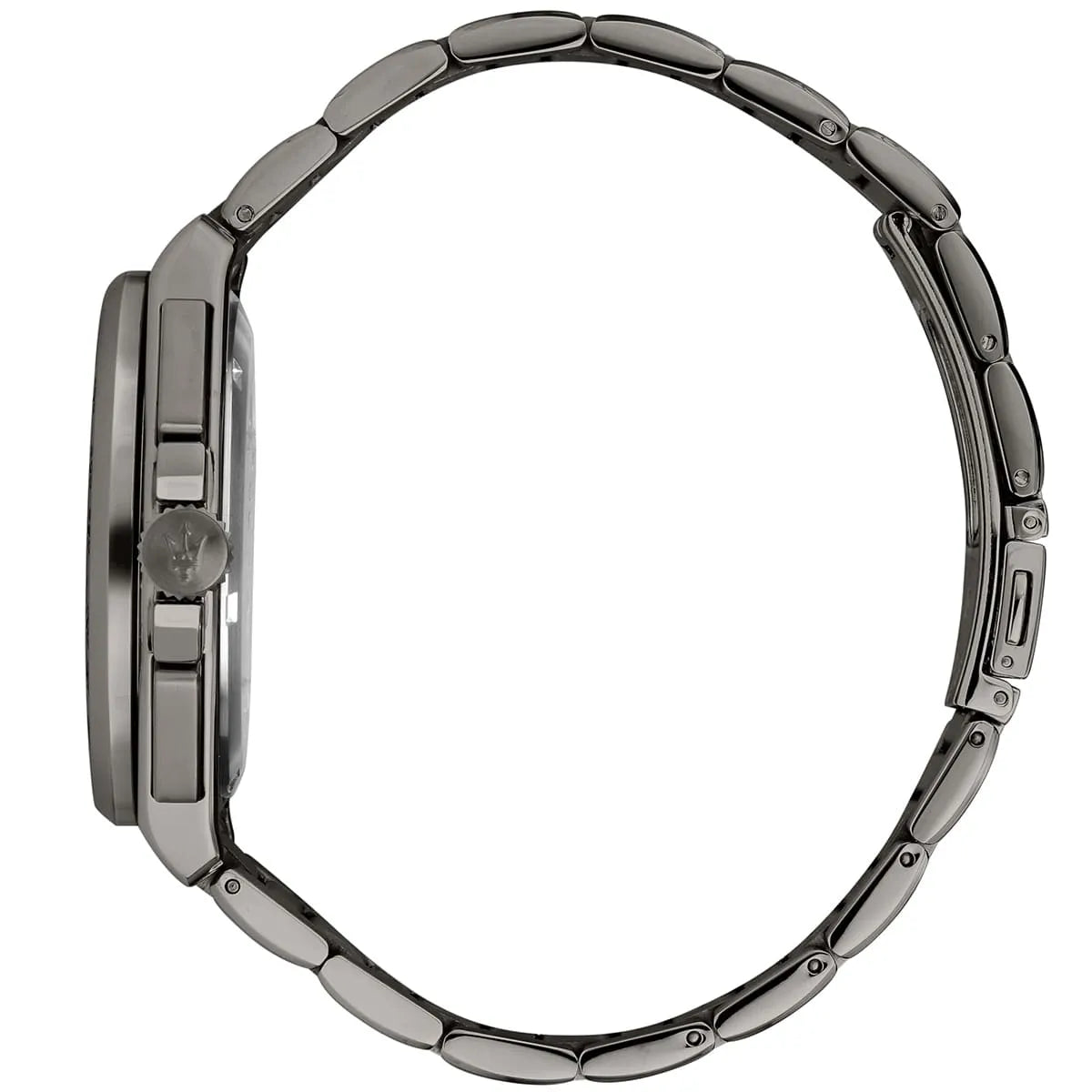 Maserati Velocità watch side profile showing stainless steel bracelet and crown