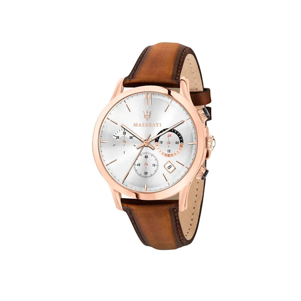 Maserati Ricordo chronograph watch at angle showing silver dial and brown leather strap