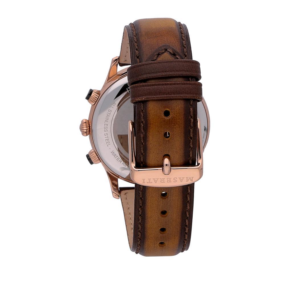 Maserati Ricordo watch case back showing brown leather strap with buckle
