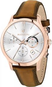Maserati Ricordo chronograph with silver dial and rose gold case on brown leather strap