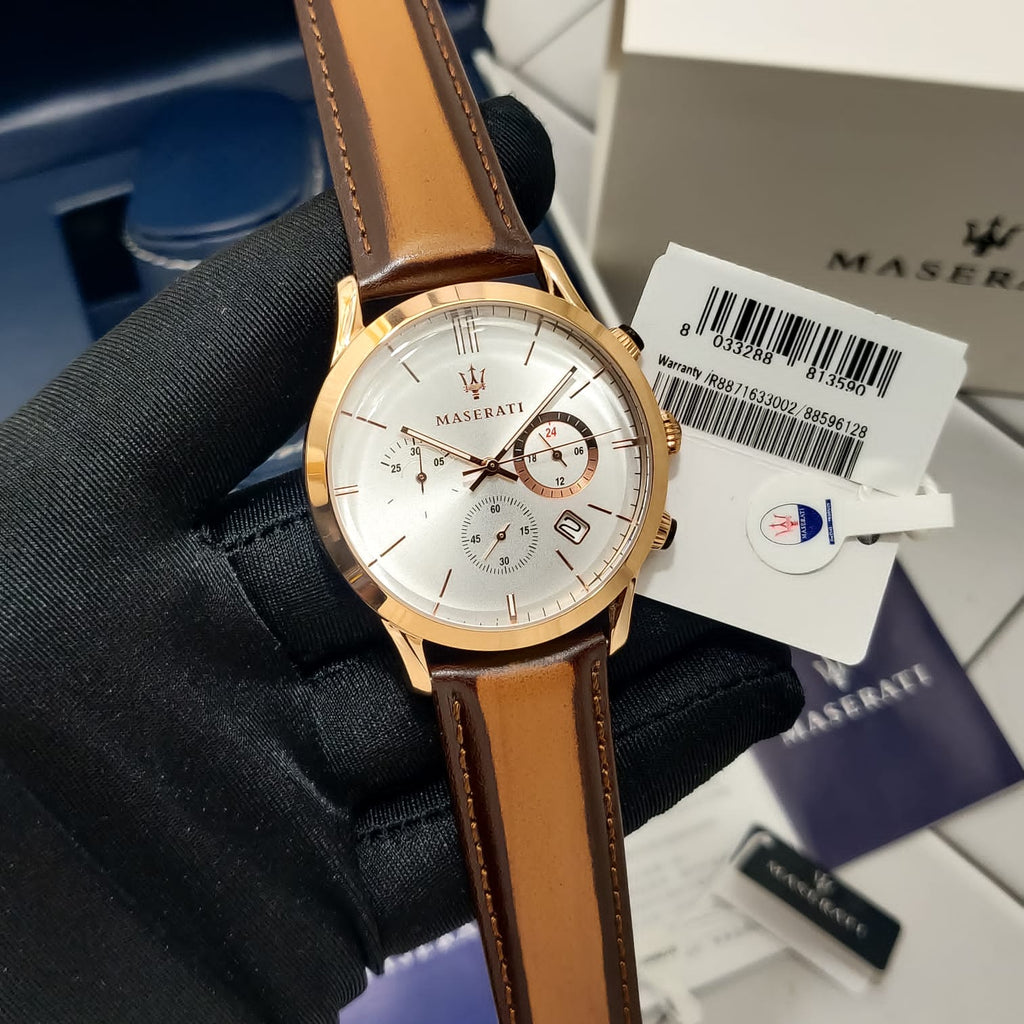 Maserati Ricordo chronograph on wrist with packaging and authentication details visible