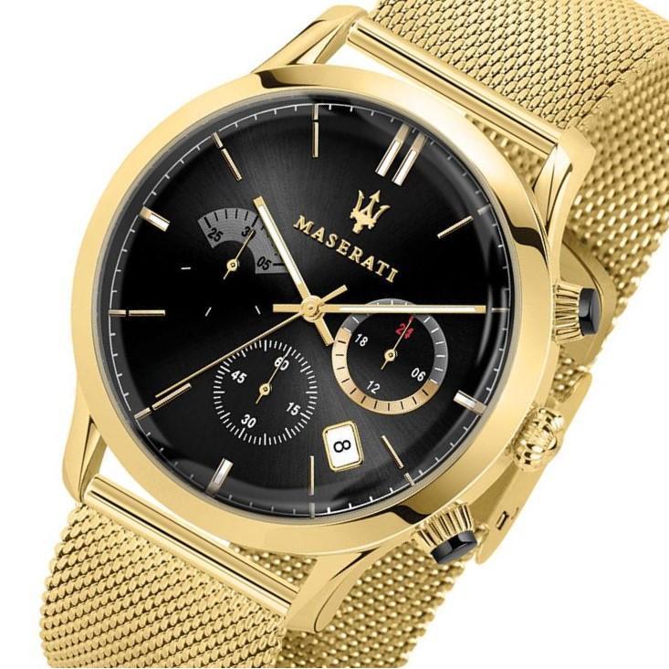 Maserati Ricordo chronograph watch showing gold case, black dial with subdials, and mesh band detail
