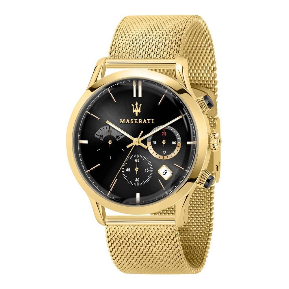 Maserati Ricordo gold-tone chronograph watch with black dial and mesh bracelet