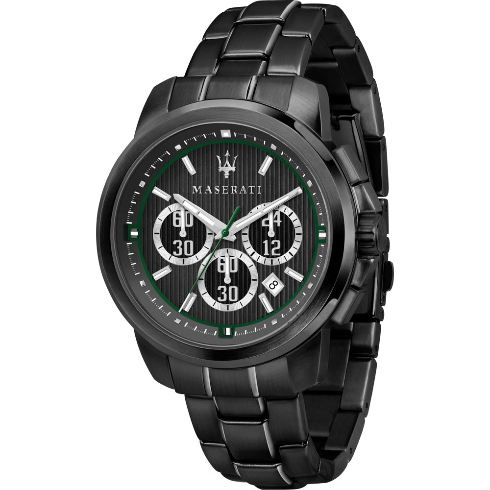Maserati Royale black chronograph watch with green-accented dial and triple subdials
