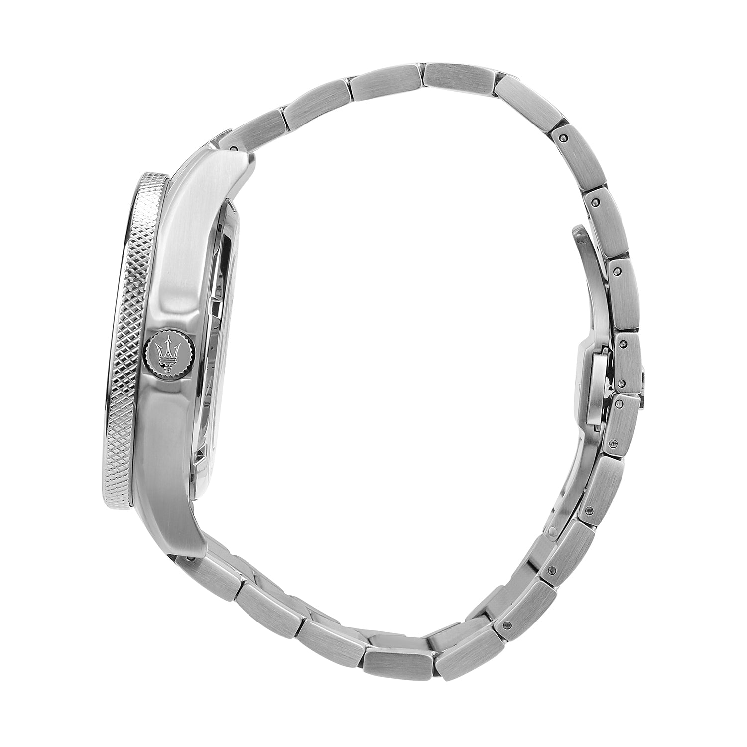 Maserati Sfida watch side view showing silver steel bracelet and case profile