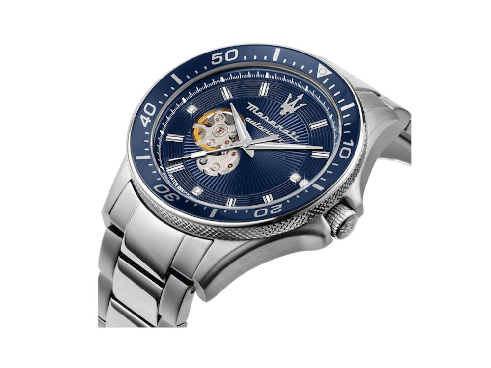 Maserati Sfida watch at angle showing blue dial, silver case and bracelet