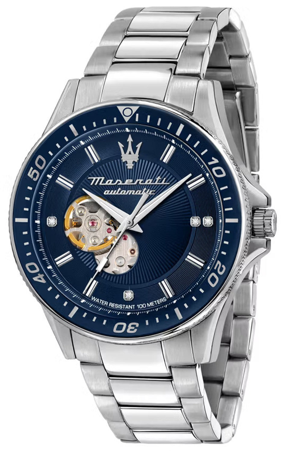 Maserati Sfida silver automatic men's watch with blue dial and open heart display