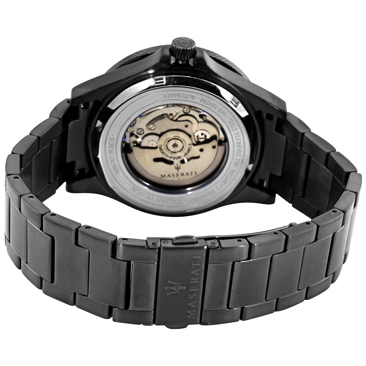 Maserati Sfida watch caseback displaying automatic movement mechanism and transparent sapphire crystal