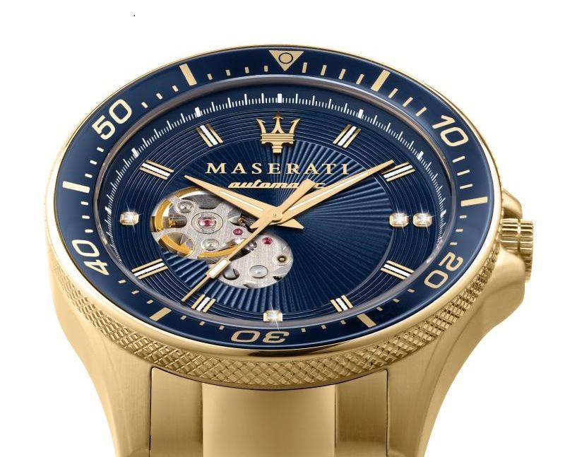 Close-up dial detail of Maserati Sfida with skeleton window and diamond markers