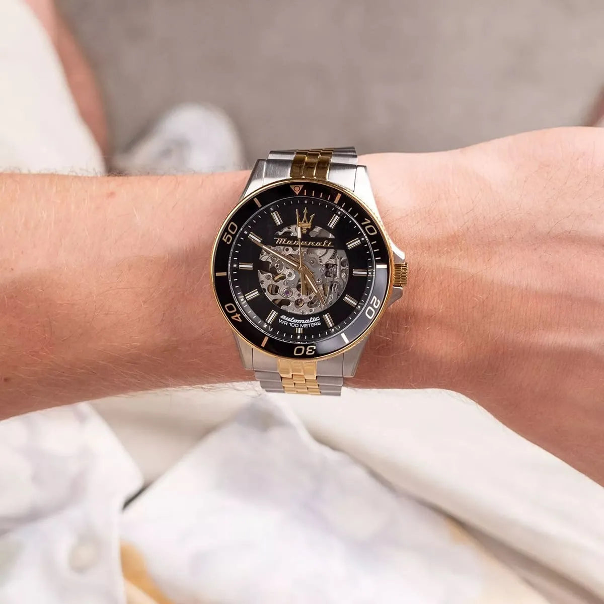 Maserati SFIDA automatic watch worn on wrist skeleton dial visible