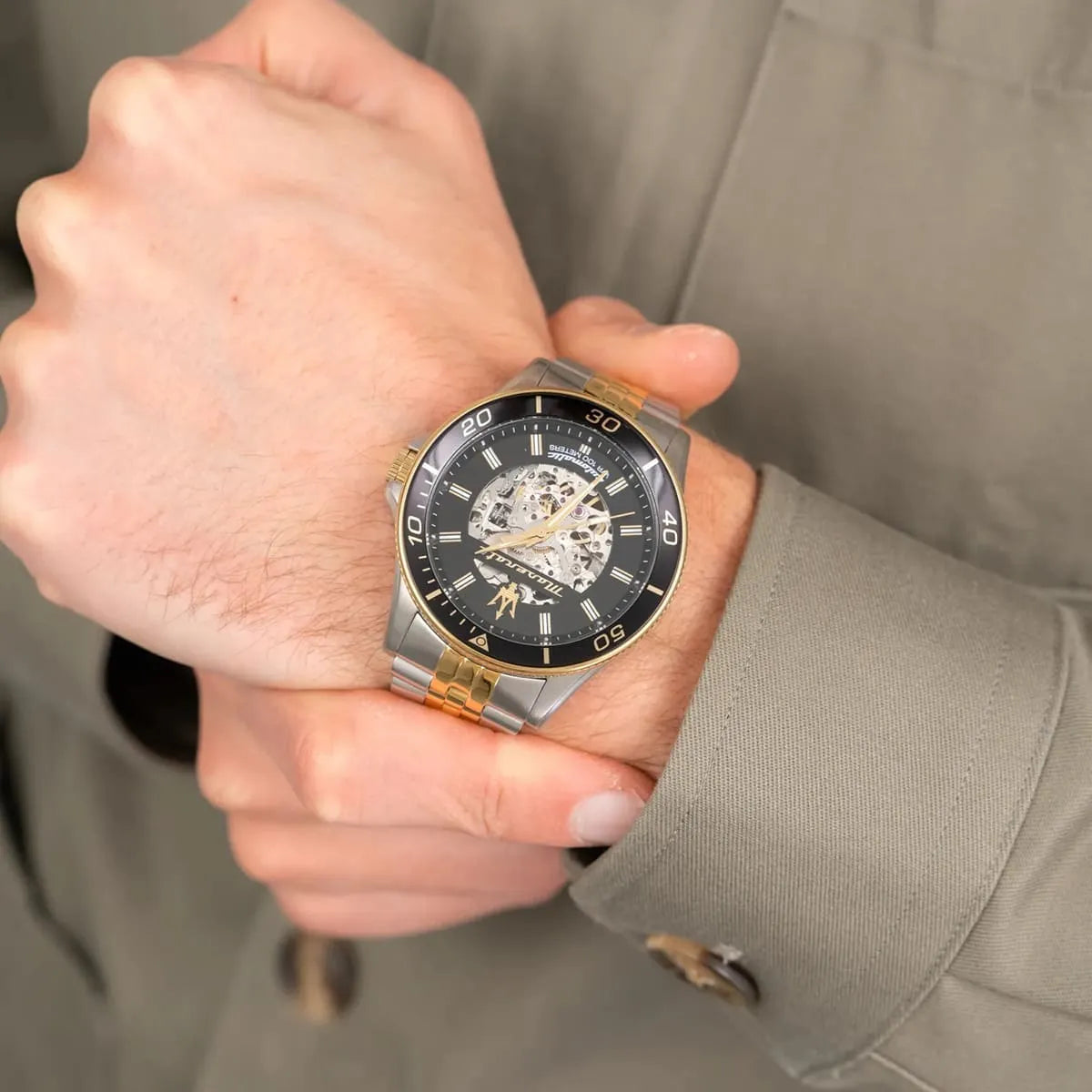 Maserati SFIDA on wrist showing skeleton dial and two-tone case