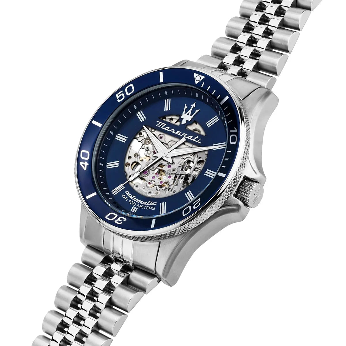 Maserati Sfida skeleton watch angled view showing bracelet and blue dial