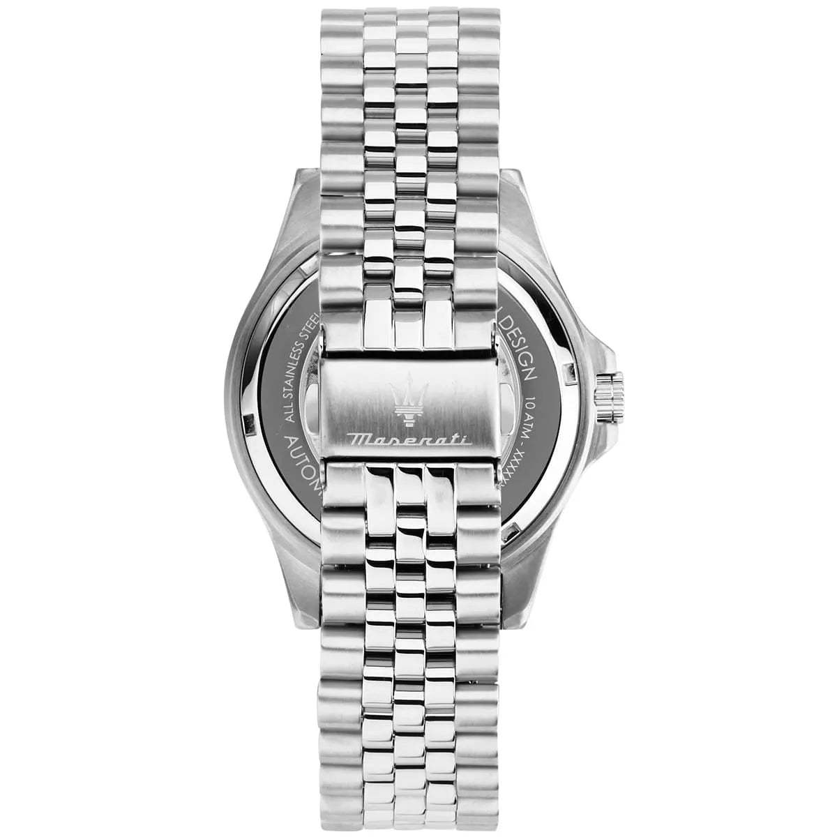Maserati Sfida caseback showing automatic movement and stainless steel bracelet
