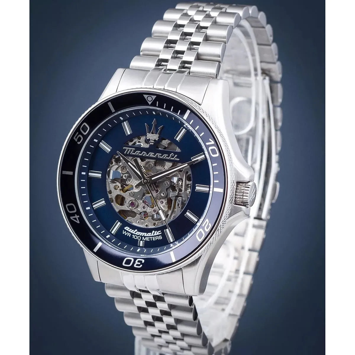 Maserati Sfida automatic skeleton watch with blue dial and silver metal bracelet