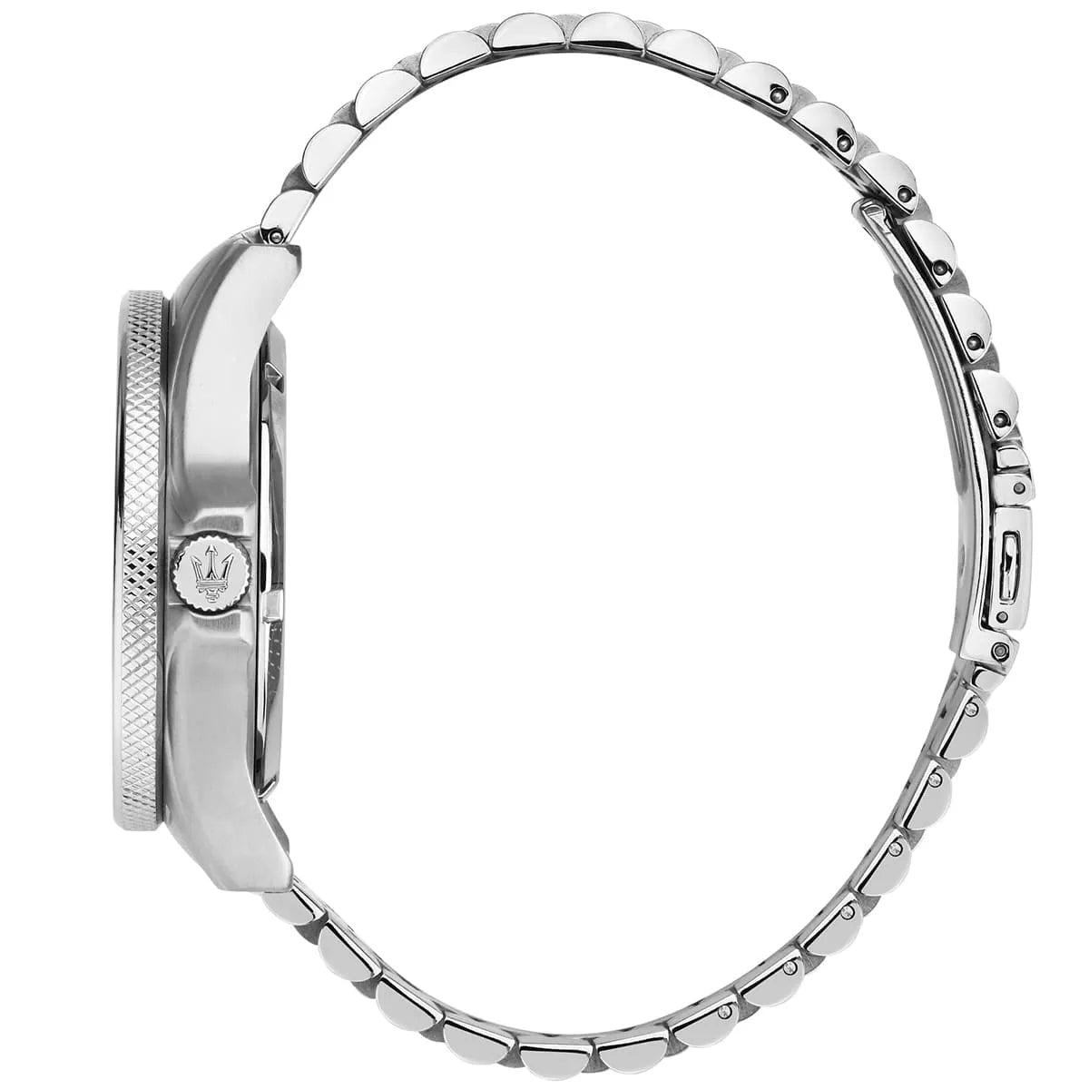 Maserati Sfida watch side profile showcasing silver metal case and bracelet