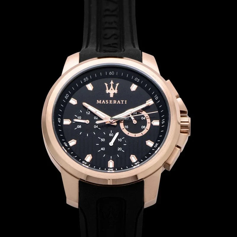 Maserati SFIDA chronograph watch angled view with rose gold bezel and black dial