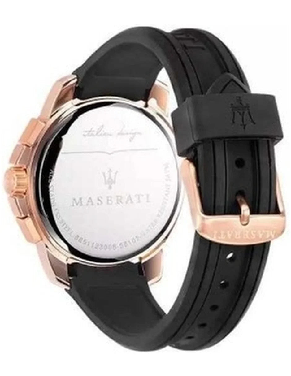Maserati SFIDA watch caseback showing engraved logo and rose gold case with black rubber strap