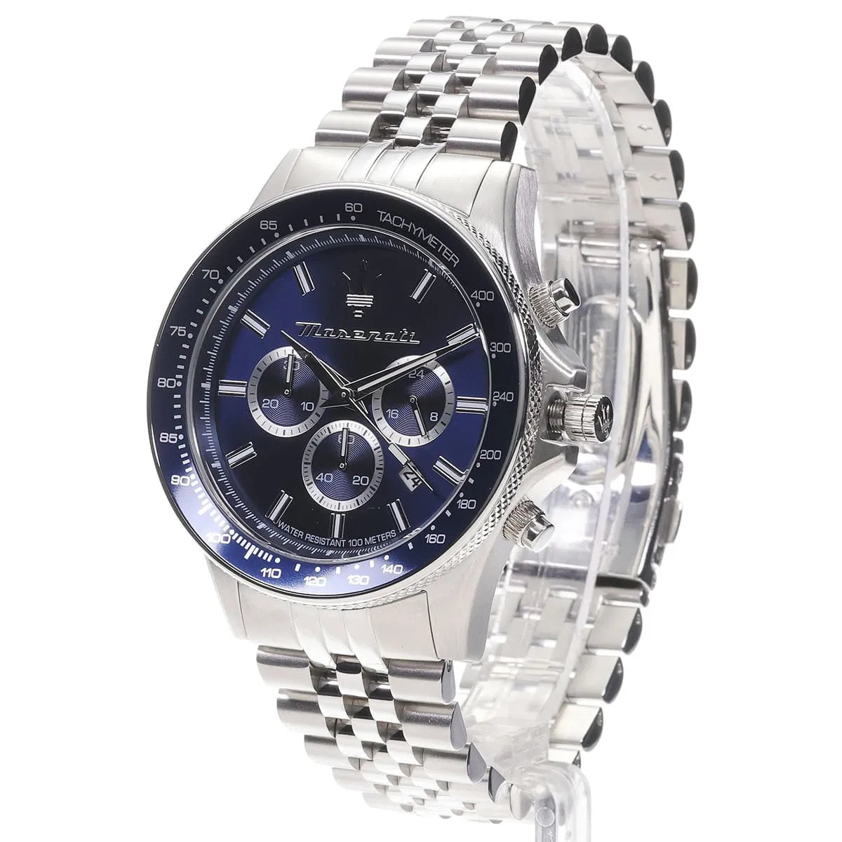 Maserati Sfida Sport chronograph watch angled view with blue dial and steel bracelet