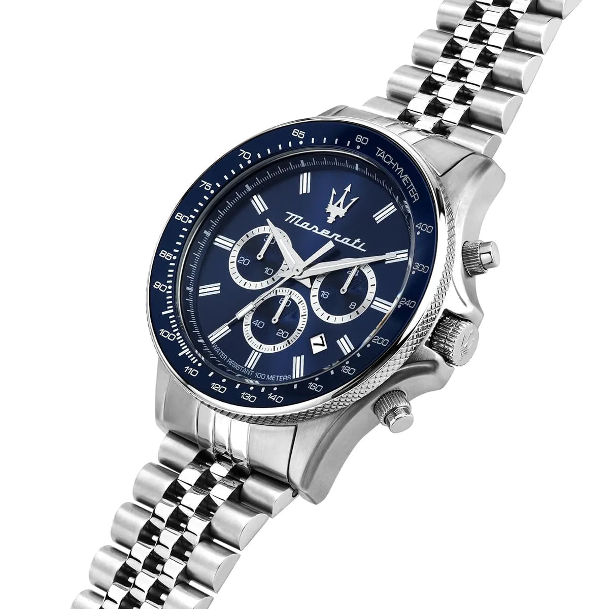 Maserati Sfida Sport watch angled view showing blue dial and silver steel bracelet