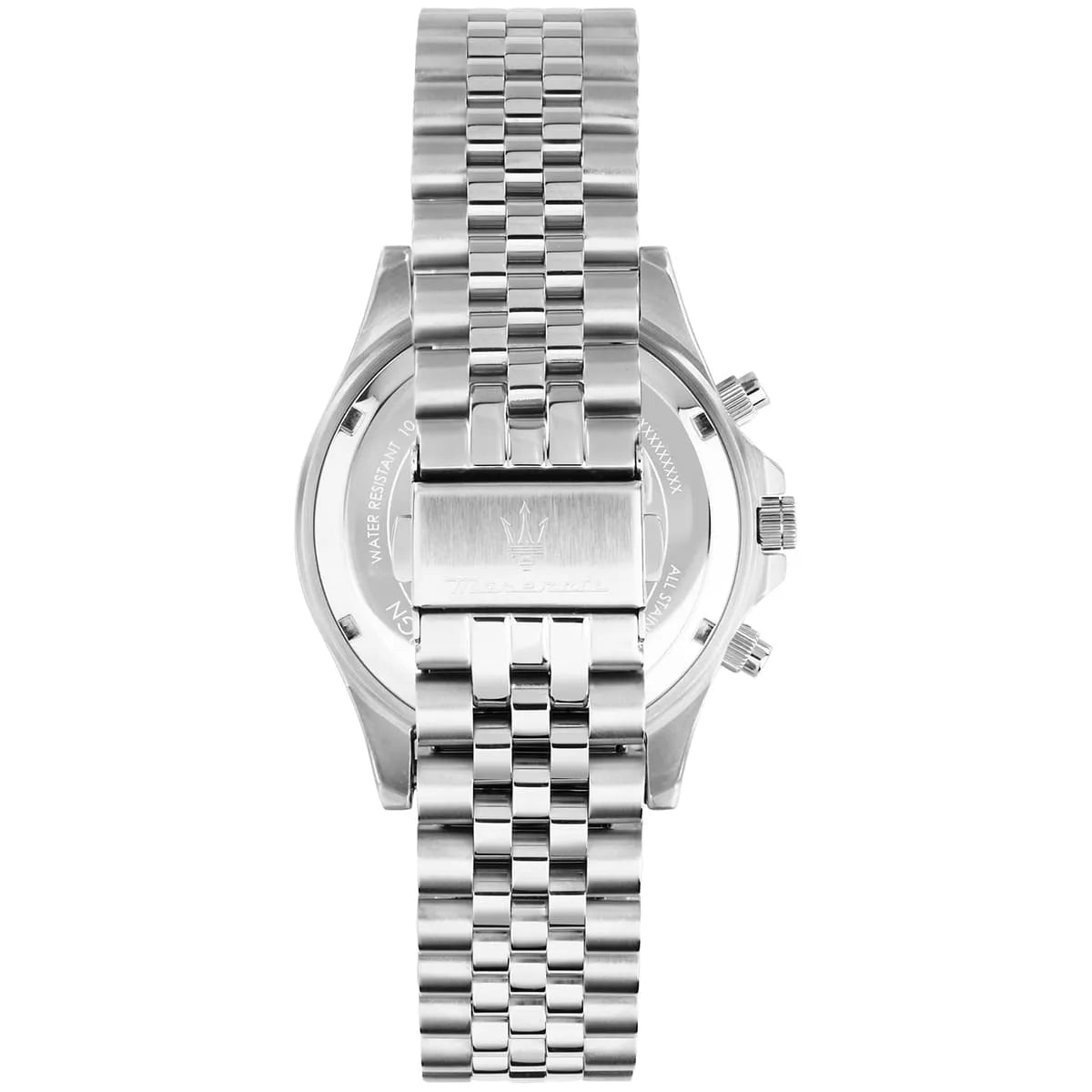 Maserati Sfida Sport watch caseback showing silver steel case and bracelet underside