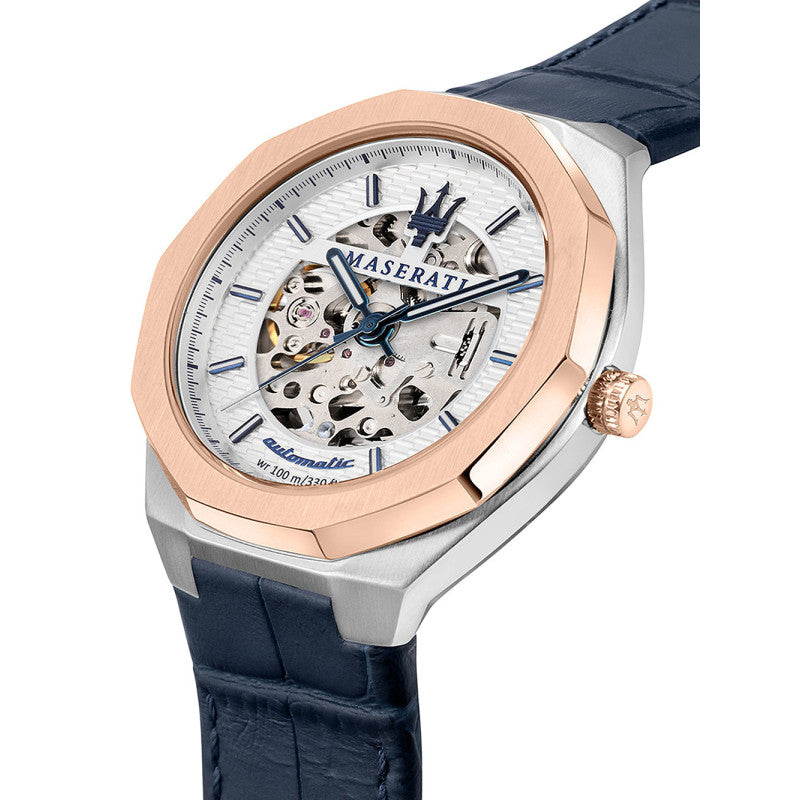 Three-quarter view of Maserati Stile watch showing skeleton dial and blue leather strap detail