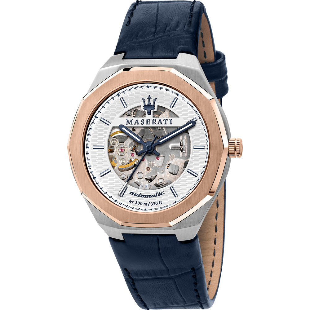 Maserati Stile automatic men's watch with skeleton dial, rose gold bezel, steel case, blue leather strap